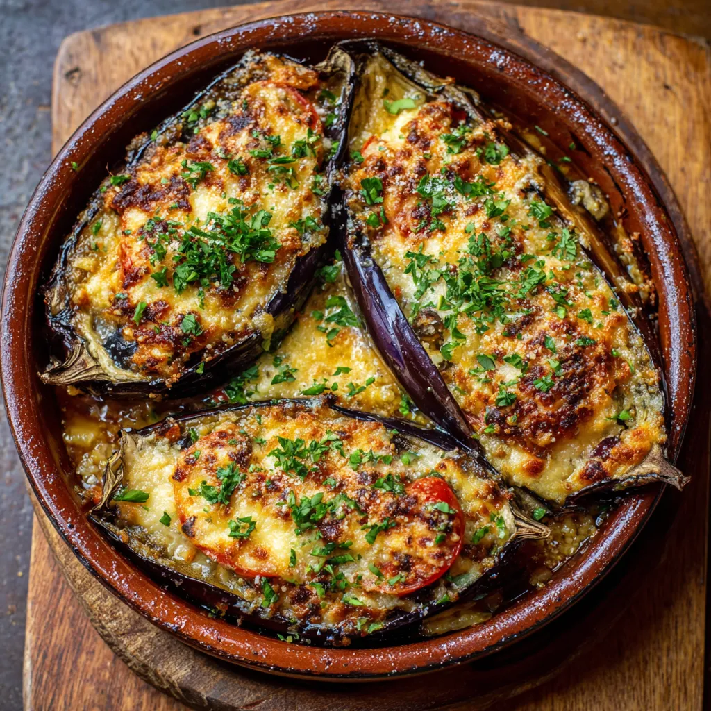 Gratin d’aubergines maison garni de mozzarella fondue et herbes aromatiques