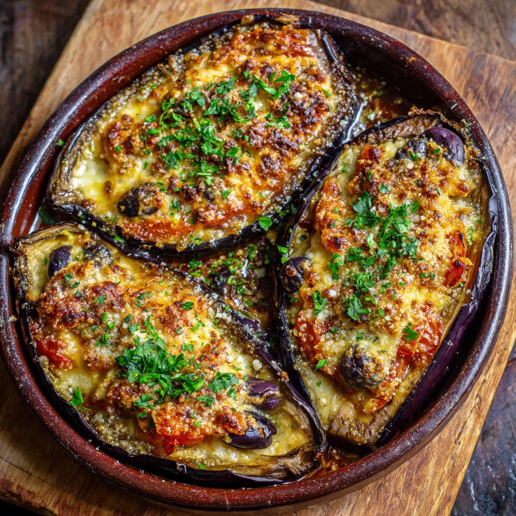 Gratin d’aubergines maison garni de mozzarella fondue et herbes aromatiques