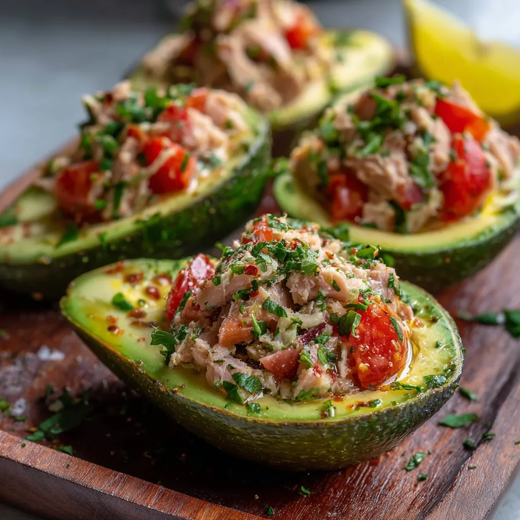 Avocat farci au thon et tomates présenté sur une assiette avec persil frais