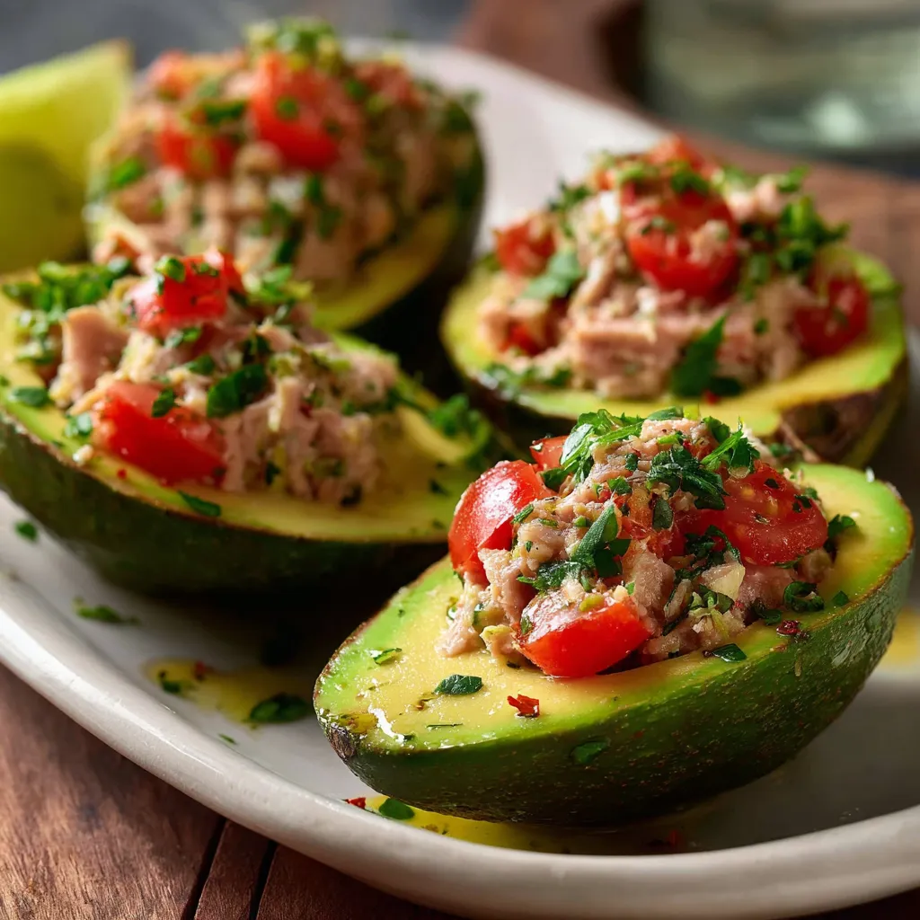 Avocat farci au thon et tomates présenté sur une assiette avec persil frais