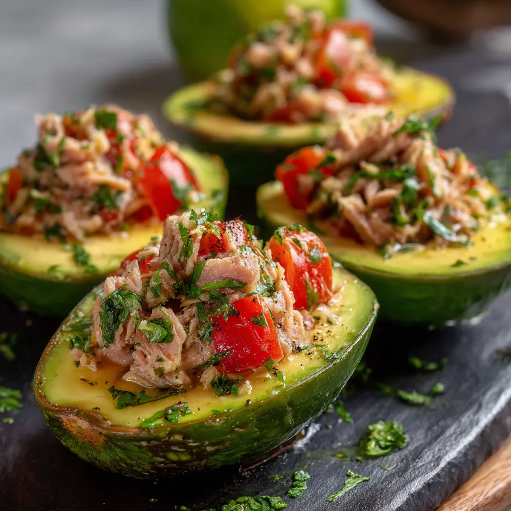 Avocat farci au thon et tomates présenté sur une assiette avec persil frais