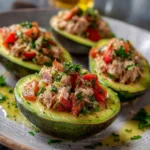 Avocat farci au thon et tomates présenté sur une assiette avec persil frais