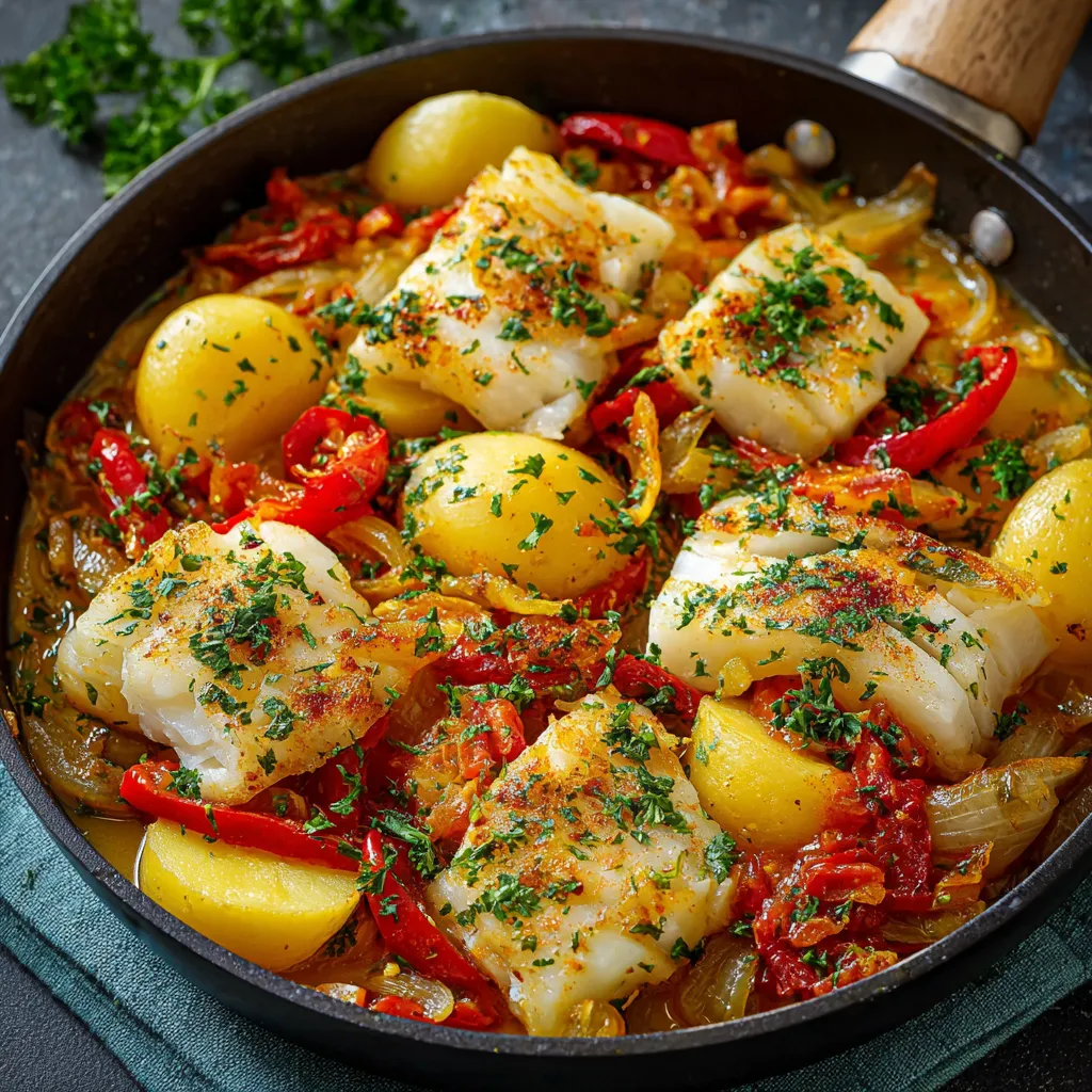 Bacalhau à la Portugaise dans une poêle, garni de persil frais et légumes fondants