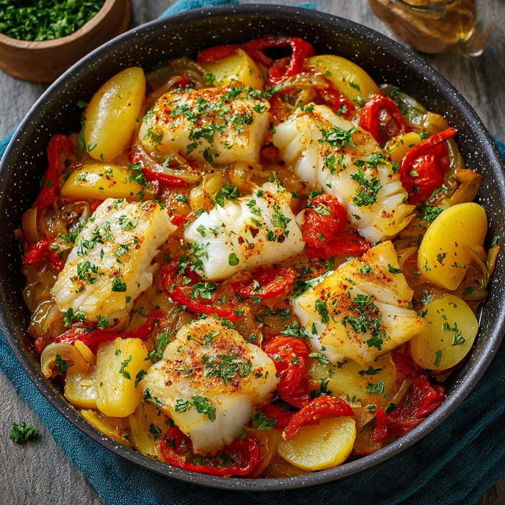 Bacalhau à la Portugaise dans une poêle, garni de persil frais et légumes fondants
