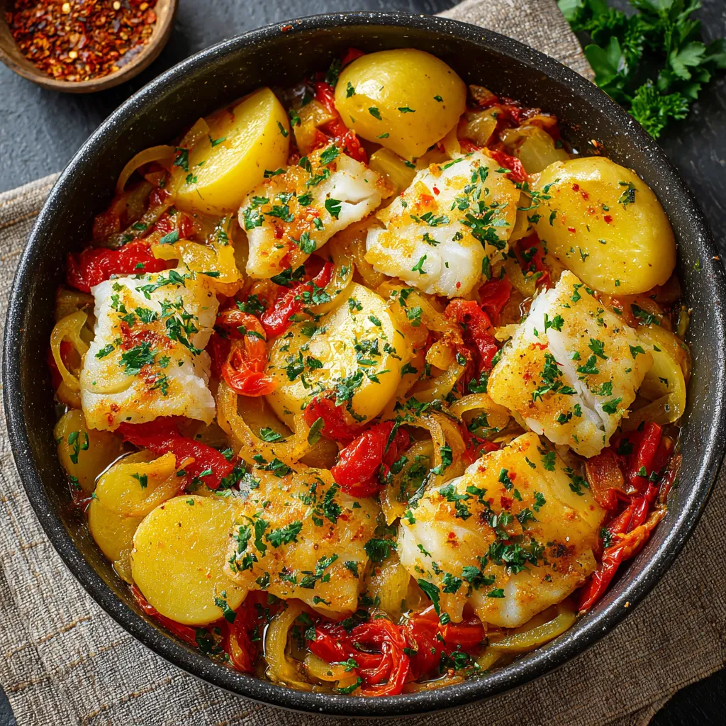 Bacalhau à la Portugaise dans une poêle, garni de persil frais et légumes fondants