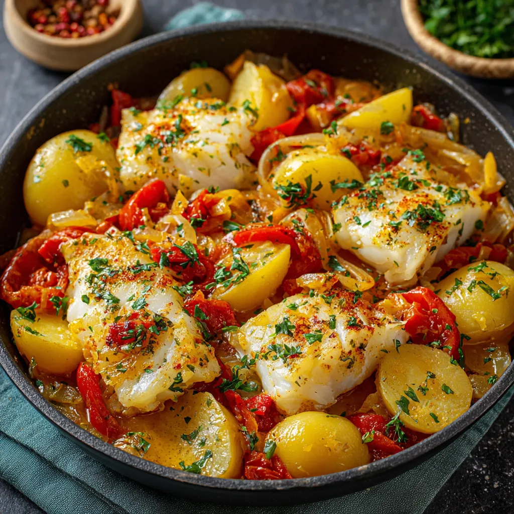 Bacalhau à la Portugaise dans une poêle, garni de persil frais et légumes fondants