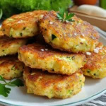 Beignets dorés de poulet et courgettes servis chauds sur une assiette en céramique.