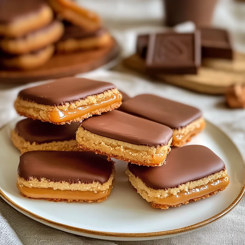 Biscuits façon Twix au caramel nappés de chocolat fondant sur une grille de refroidissement.