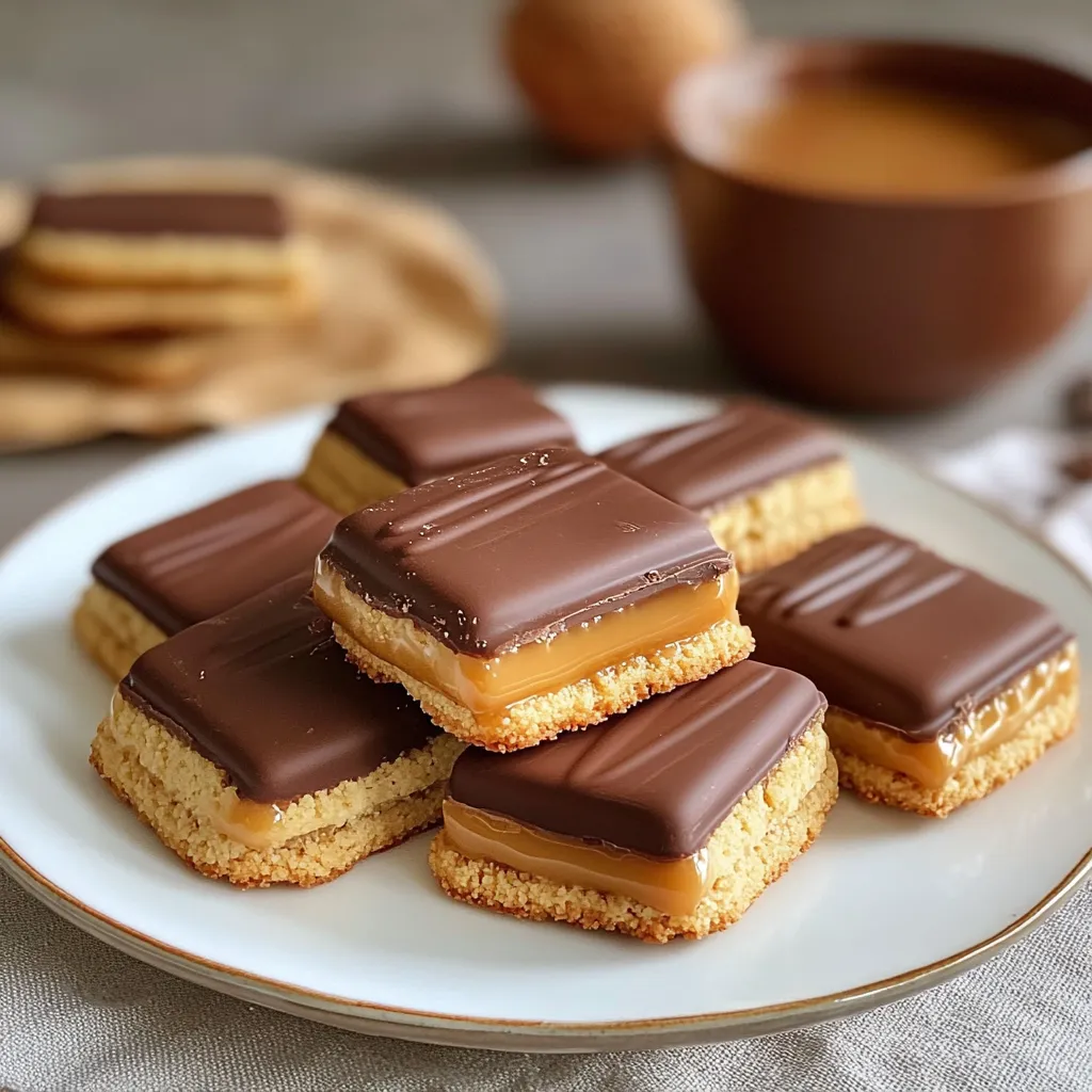 Biscuits façon Twix au caramel nappés de chocolat fondant sur une grille de refroidissement.