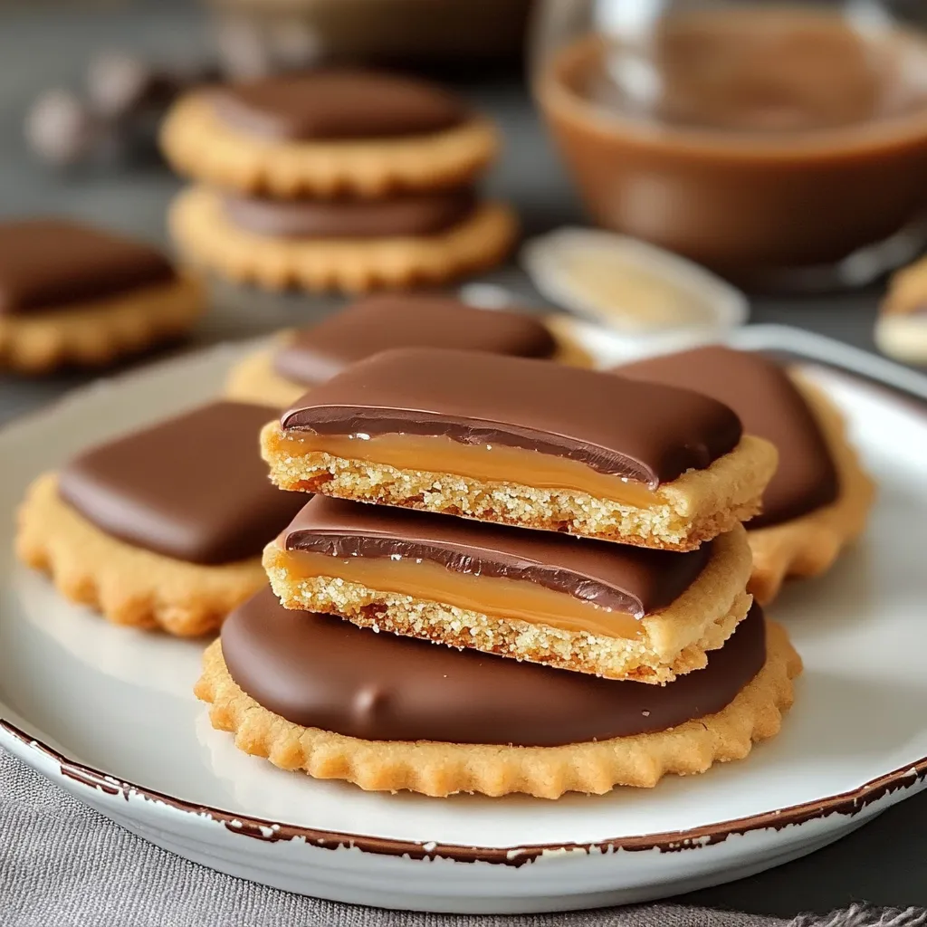 Biscuits façon Twix au caramel nappés de chocolat fondant sur une grille de refroidissement.
