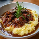 Assiette de bœuf braisé en sauce servi sur un lit de purée maison crémeuse