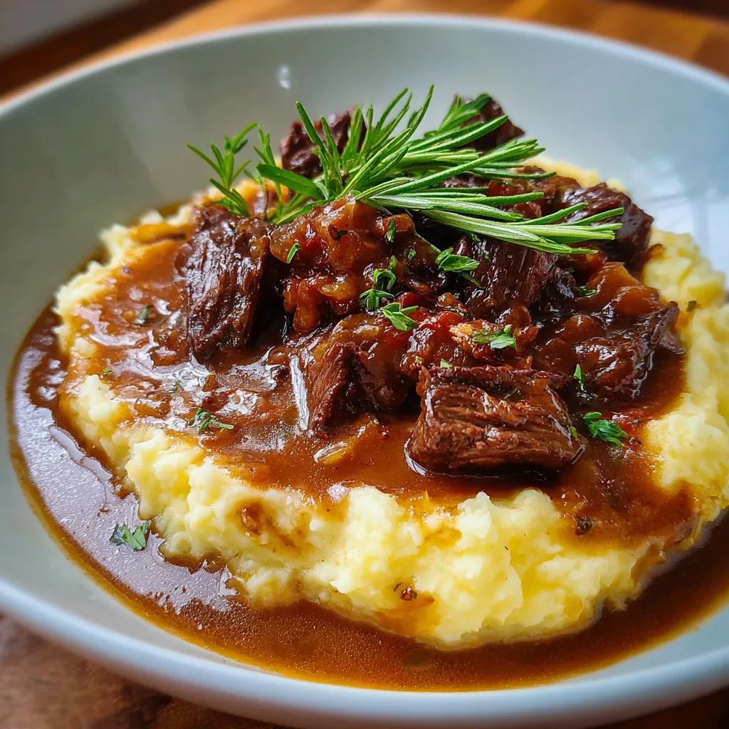 Assiette de bœuf braisé en sauce servi sur un lit de purée maison crémeuse