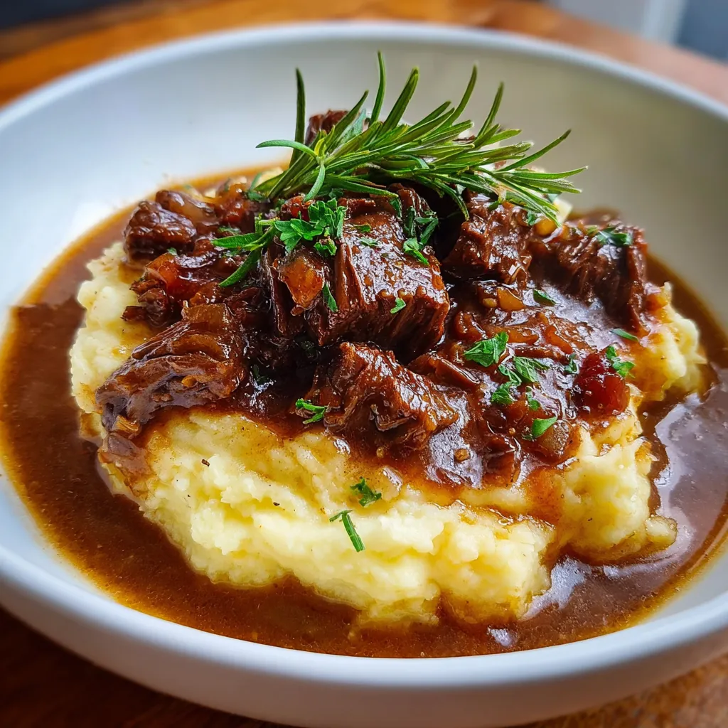 Assiette de bœuf braisé en sauce servi sur un lit de purée maison crémeuse