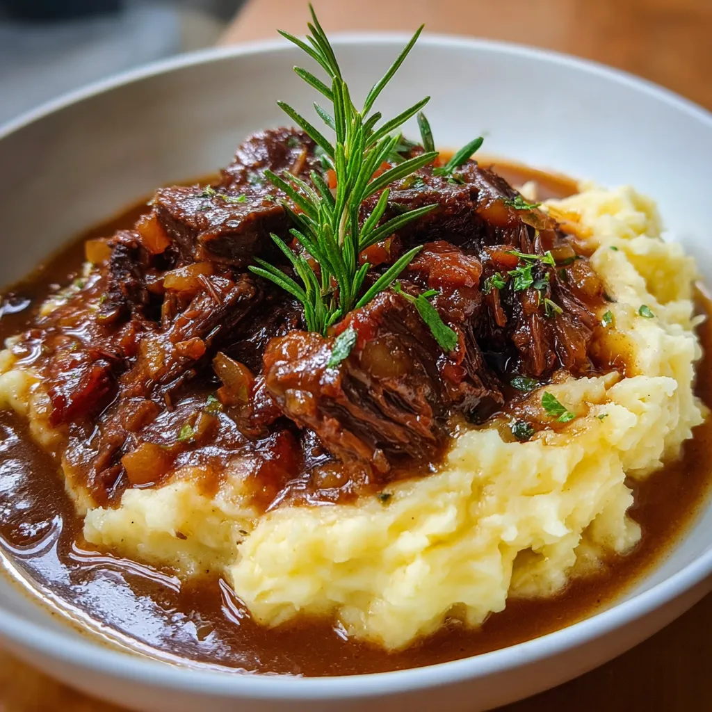 Assiette de bœuf braisé en sauce servi sur un lit de purée maison crémeuse