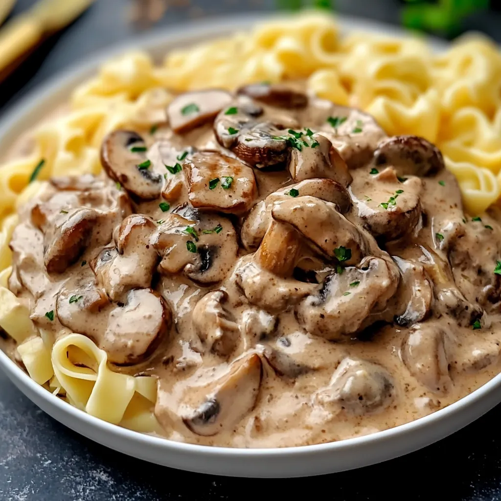 Assiette de Bœuf Stroganoff servi avec des pâtes et garni de persil frais