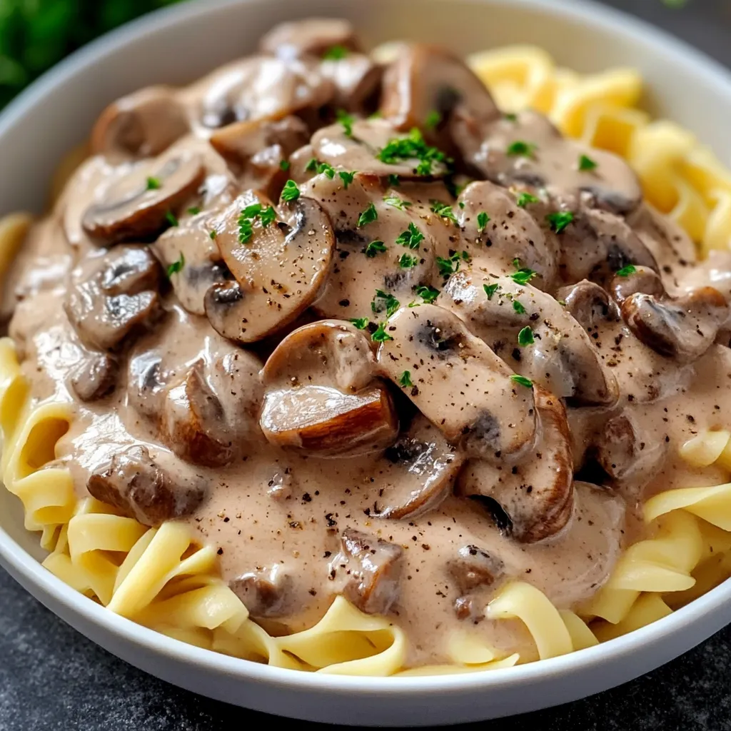 Assiette de Bœuf Stroganoff servi avec des pâtes et garni de persil frais