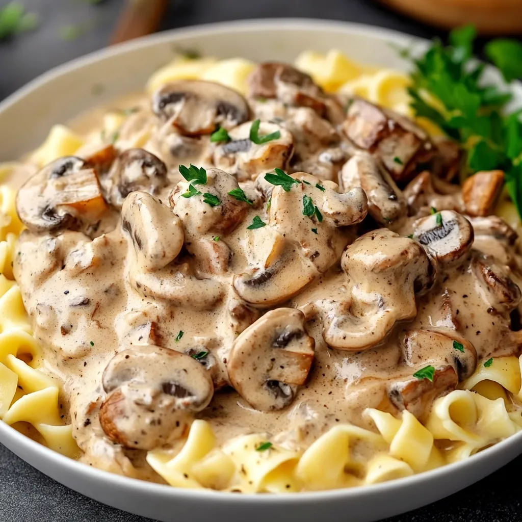 Assiette de Bœuf Stroganoff servi avec des pâtes et garni de persil frais