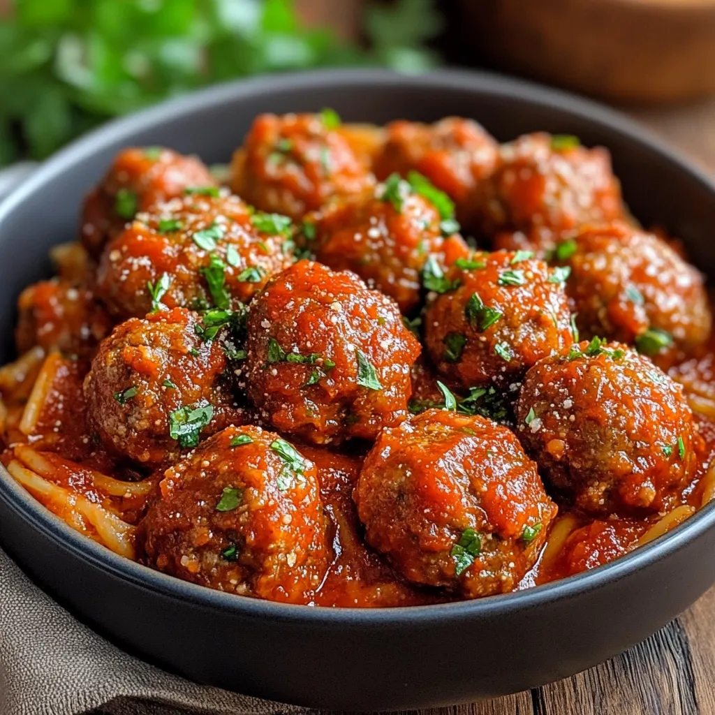 Boulettes italiennes dorées nappées de sauce tomate maison dans une poêle rustique