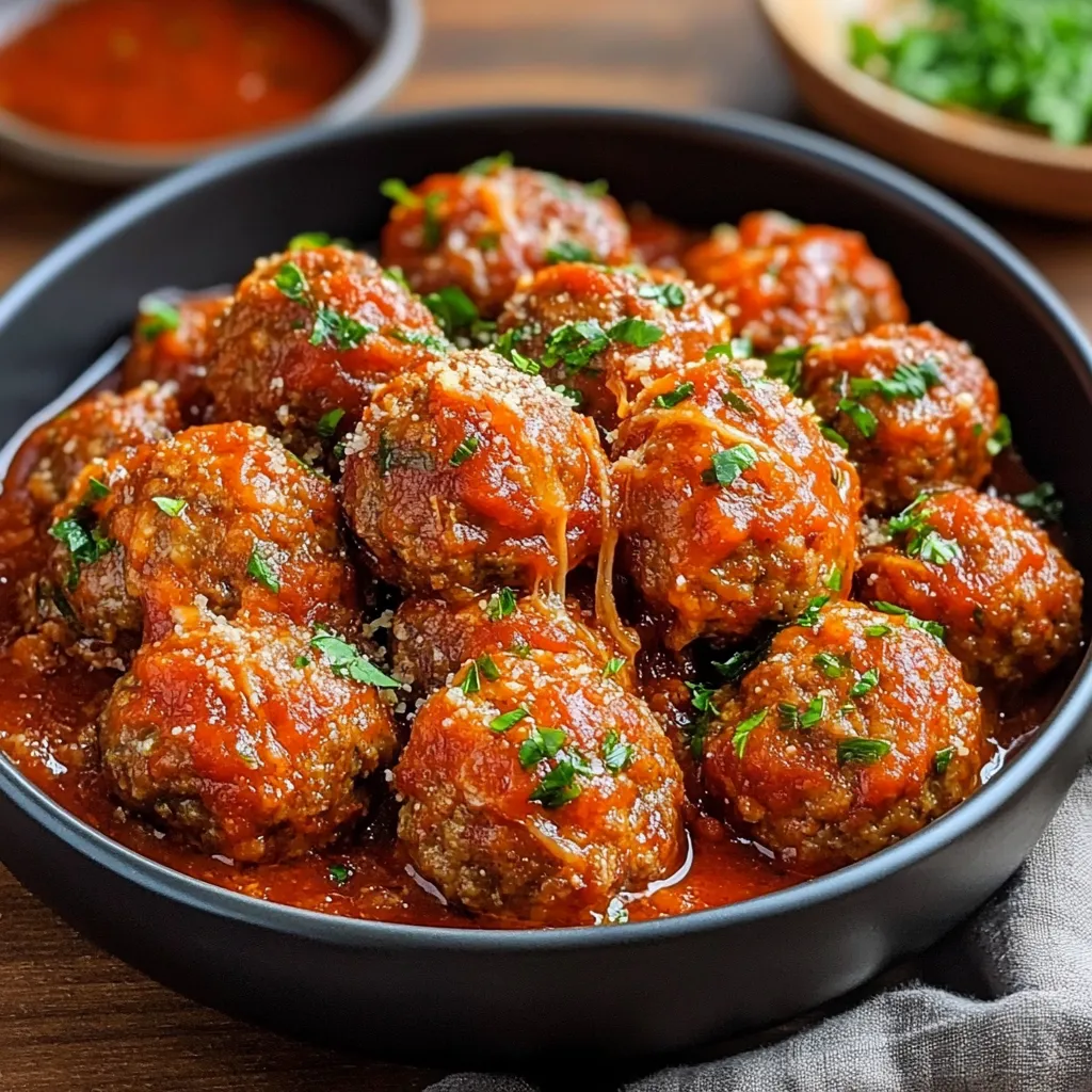 Boulettes italiennes dorées nappées de sauce tomate maison dans une poêle rustique