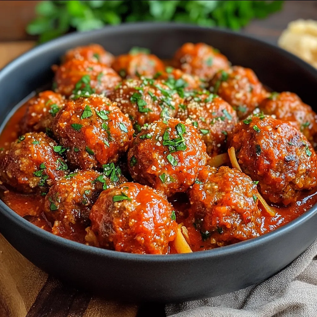 Boulettes italiennes dorées nappées de sauce tomate maison dans une poêle rustique