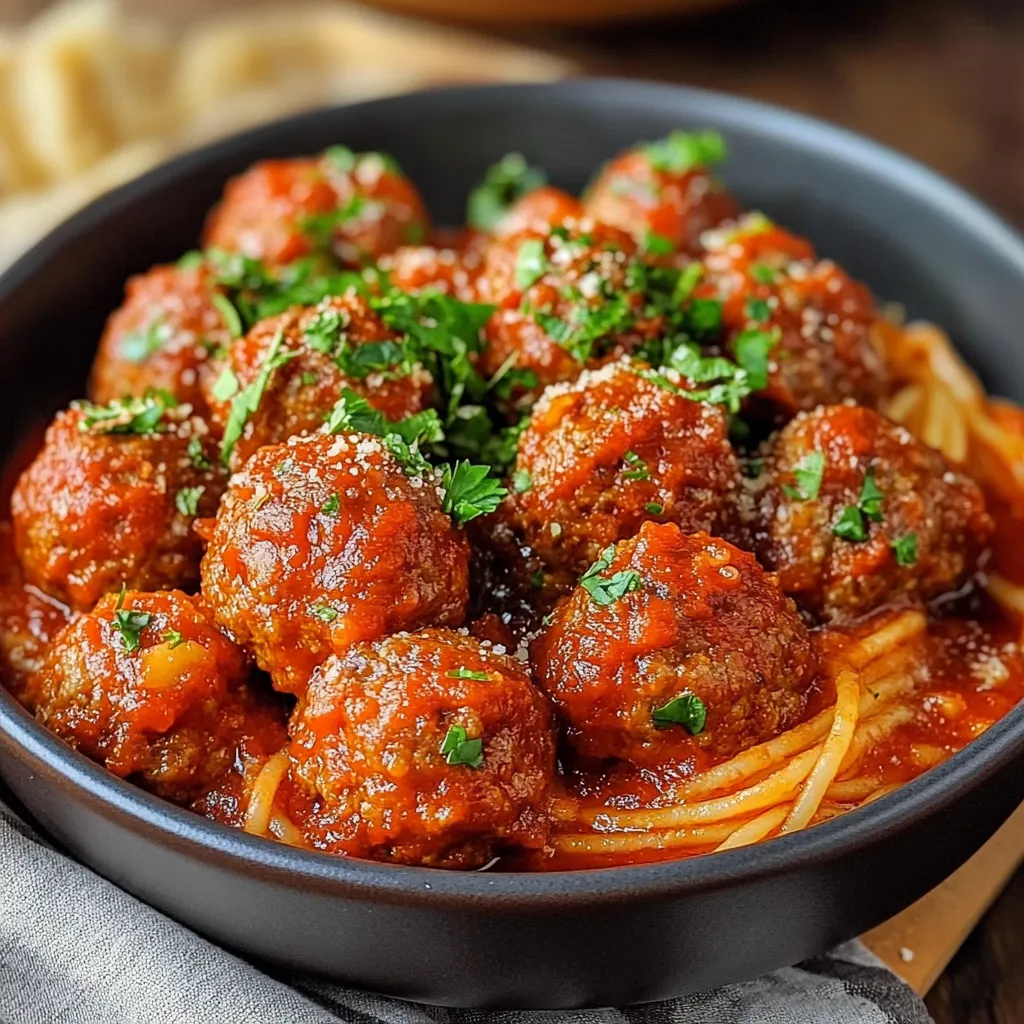 Boulettes italiennes dorées nappées de sauce tomate maison dans une poêle rustique