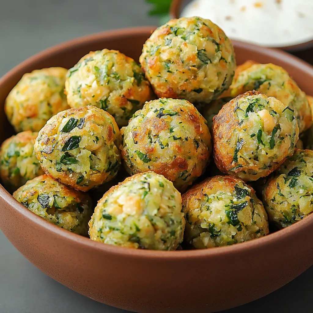 Boulettes pois chiches-courgettes dorées sur une assiette avec sauce au yaourt et citron