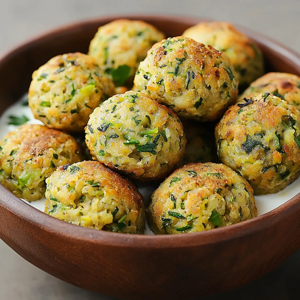 Boulettes pois chiches-courgettes dorées sur une assiette avec sauce au yaourt et citron