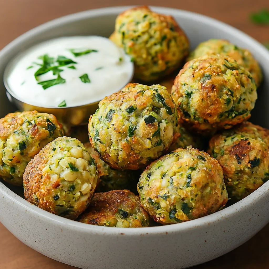Boulettes pois chiches-courgettes dorées sur une assiette avec sauce au yaourt et citron