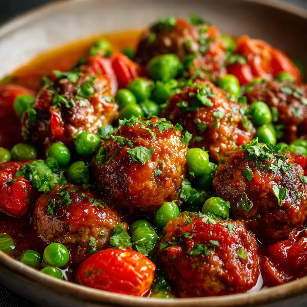 Boulette de bœuf mijotée dans une sauce tomate aux petits pois, servie dans une assiette rustique