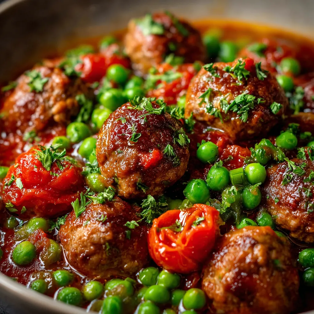 Boulette de bœuf mijotée dans une sauce tomate aux petits pois, servie dans une assiette rustique
