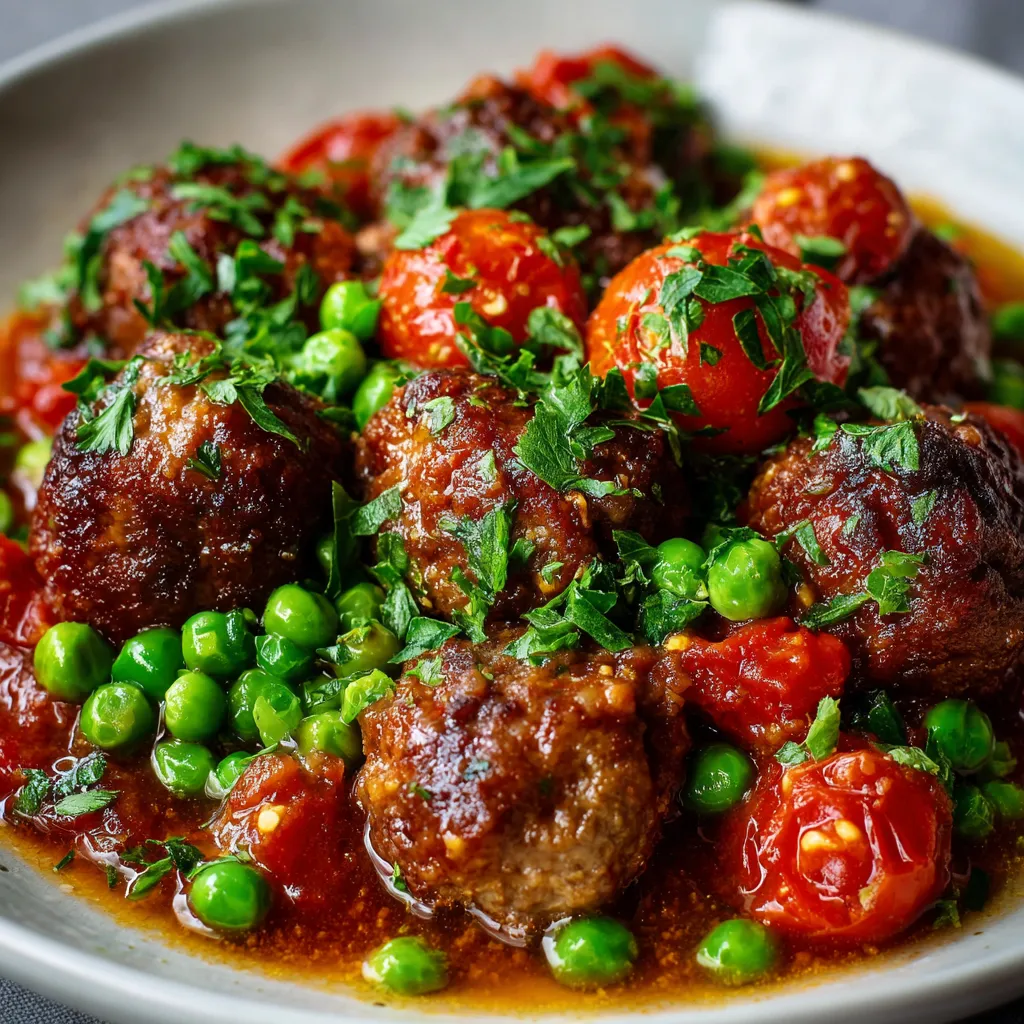 Boulette de bœuf mijotée dans une sauce tomate aux petits pois, servie dans une assiette rustique