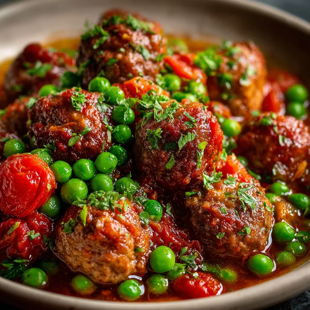 Boulette de bœuf mijotée dans une sauce tomate aux petits pois, servie dans une assiette rustique