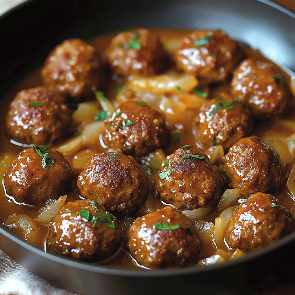 Boulettes de bœuf moelleuses nappées de sauce aux oignons caramélisés dans une poêle