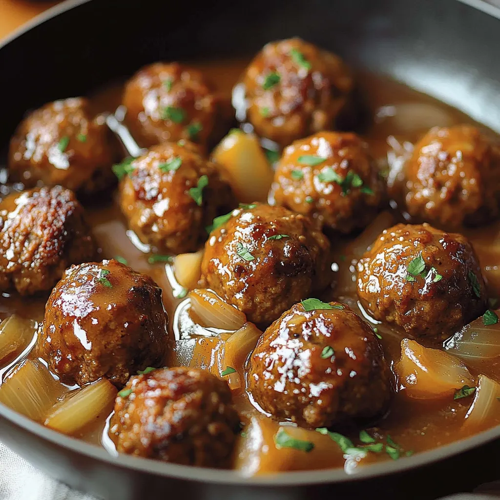 Boulettes de bœuf moelleuses nappées de sauce aux oignons caramélisés dans une poêle