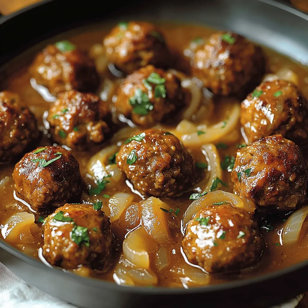 Boulettes de bœuf moelleuses nappées de sauce aux oignons caramélisés dans une poêle
