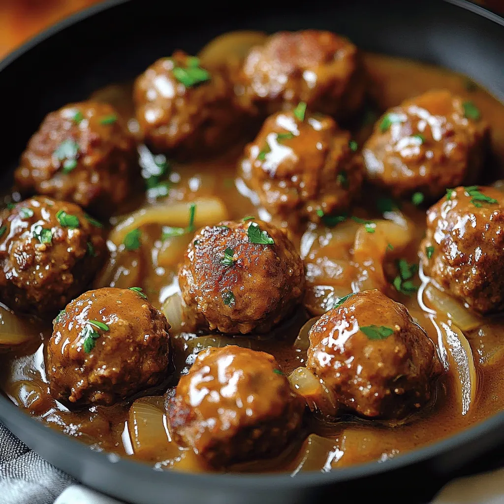 Boulettes de bœuf moelleuses nappées de sauce aux oignons caramélisés dans une poêle