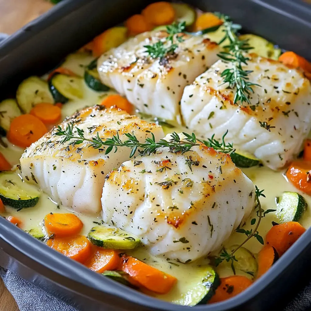 Filets de cabillaud cuits au four avec des légumes colorés et une sauce crémeuse
