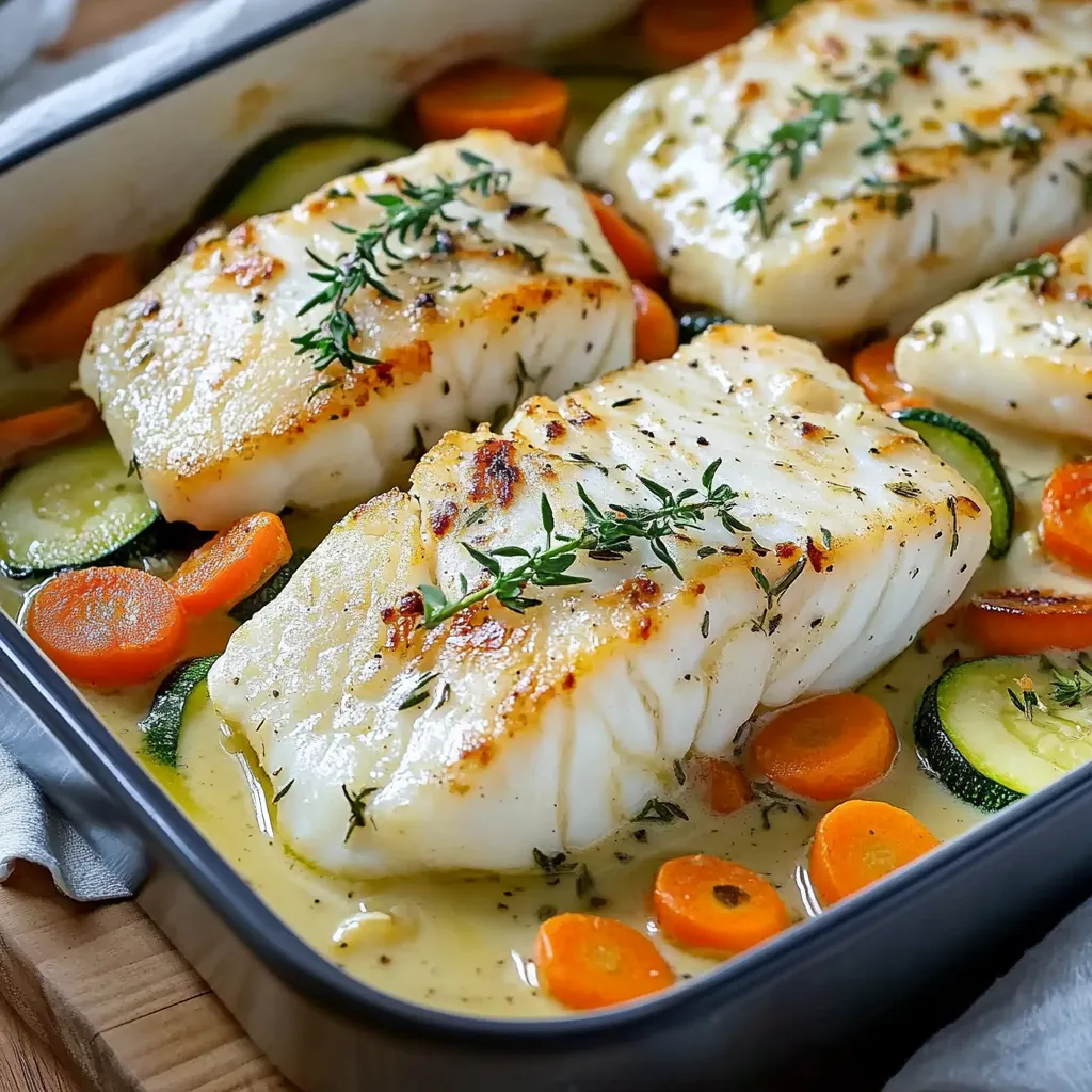 Filets de cabillaud cuits au four avec des légumes colorés et une sauce crémeuse