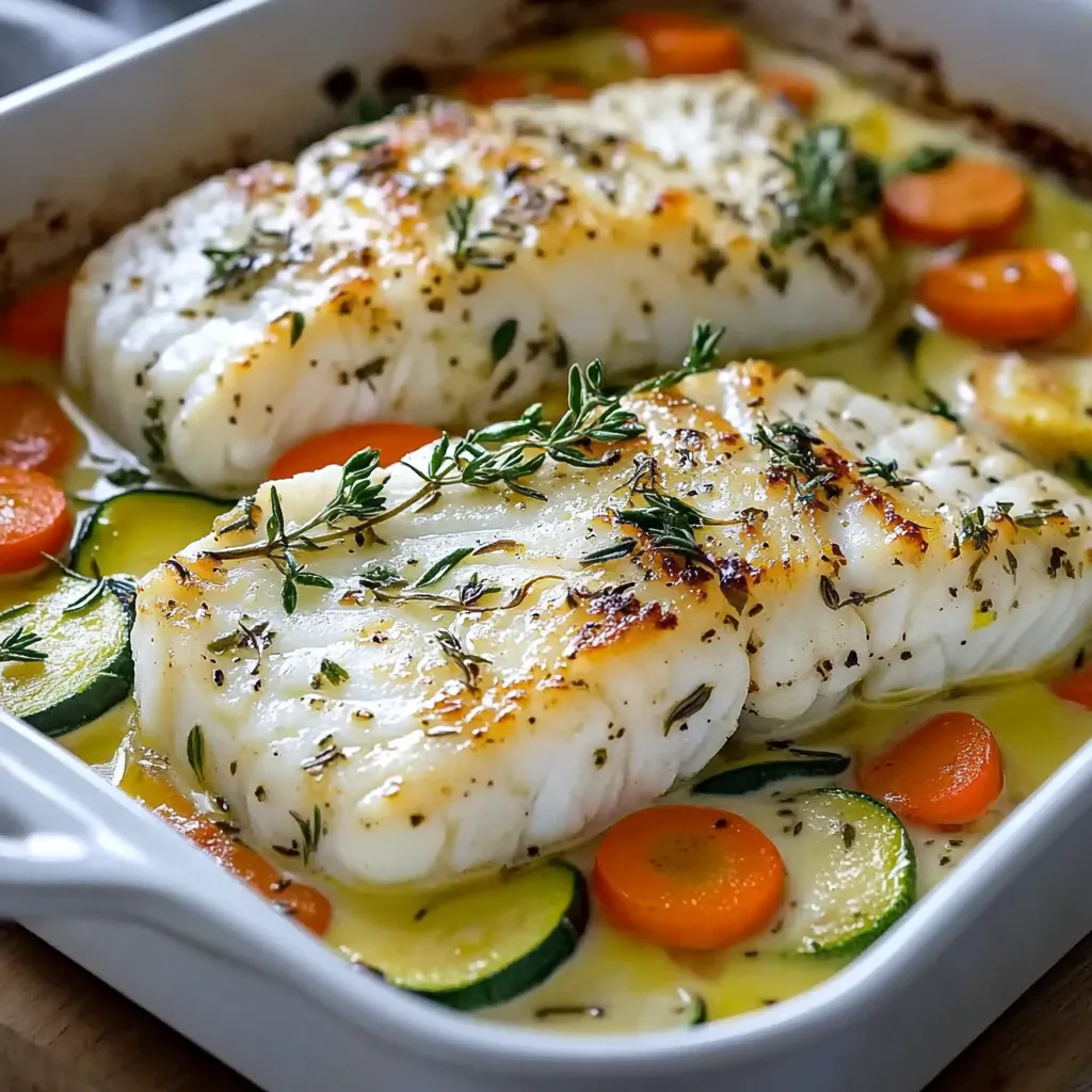 Filets de cabillaud cuits au four avec des légumes colorés et une sauce crémeuse
