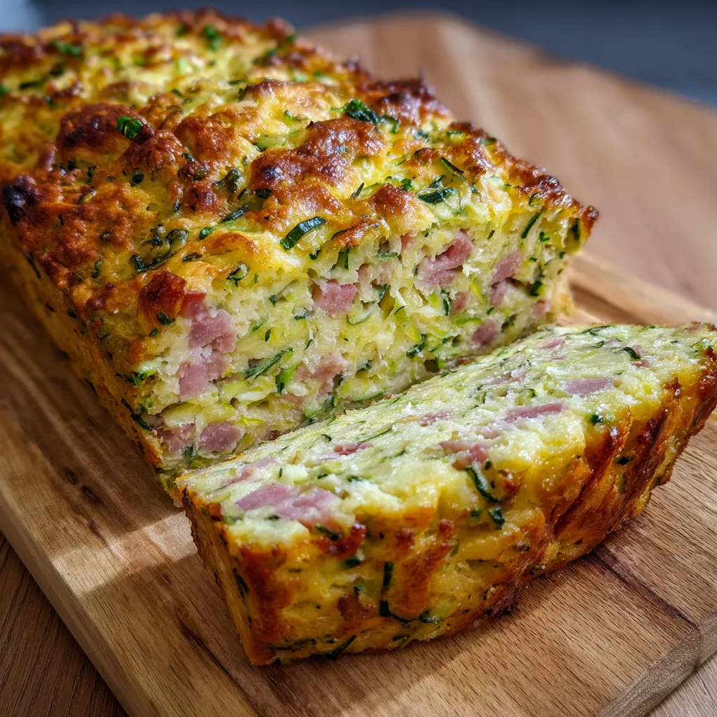 cake salé froid courgette fromage coupé en tranches sur une assiette en bois