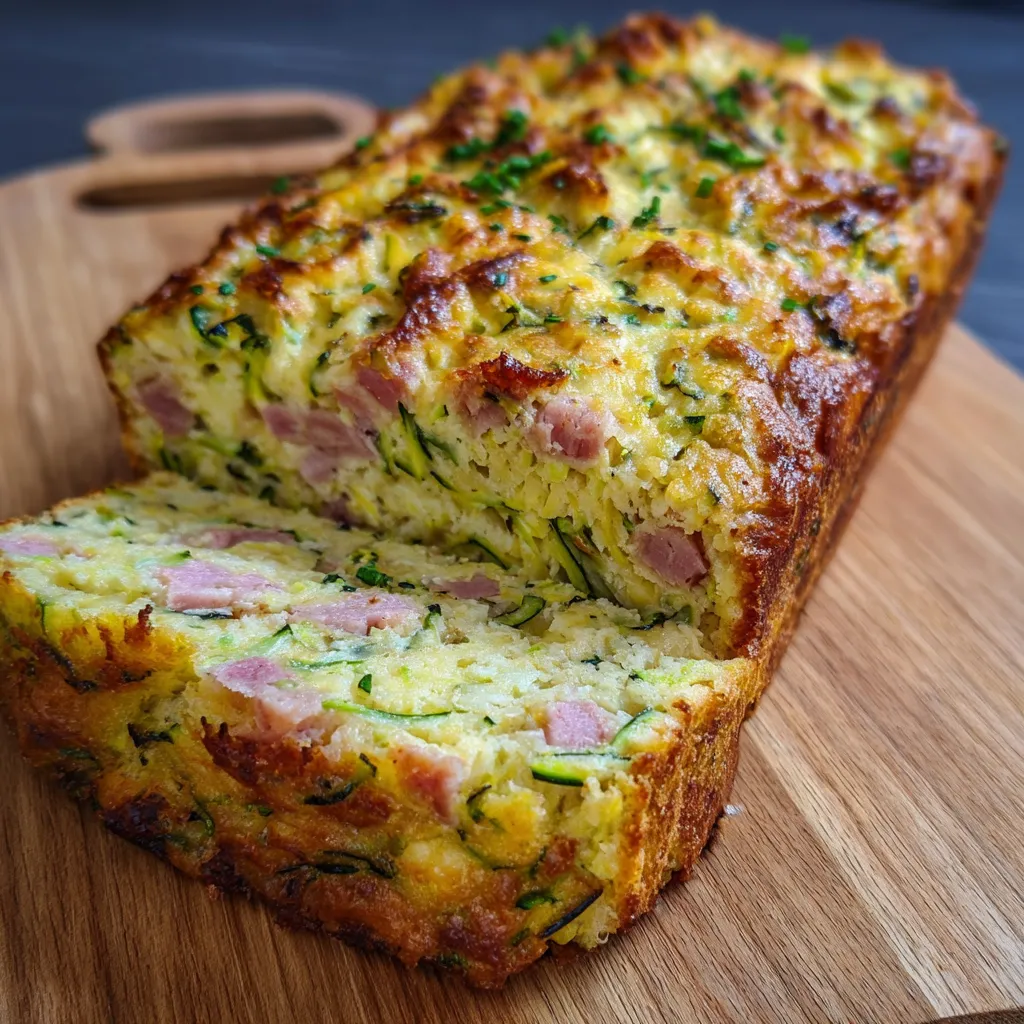 cake salé froid courgette fromage coupé en tranches sur une assiette en bois
