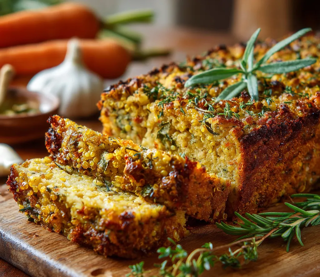Cake quinoa pois chiches aux herbes de Provence prêt à être servi sur une planche avec salade verte
