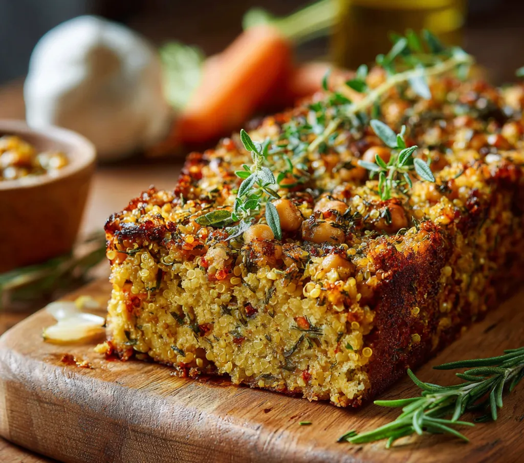 Cake quinoa pois chiches aux herbes de Provence prêt à être servi sur une planche avec salade verte