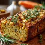 Cake quinoa pois chiches aux herbes de Provence prêt à être servi sur une planche avec salade verte