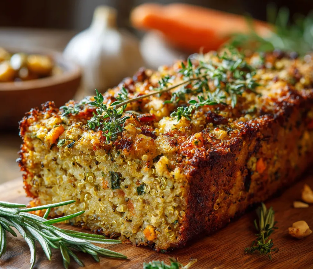 Cake quinoa pois chiches aux herbes de Provence prêt à être servi sur une planche avec salade verte