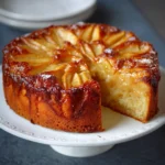 Cake aux pommes moelleux, doré et découpé en tranches sur une planche en bois