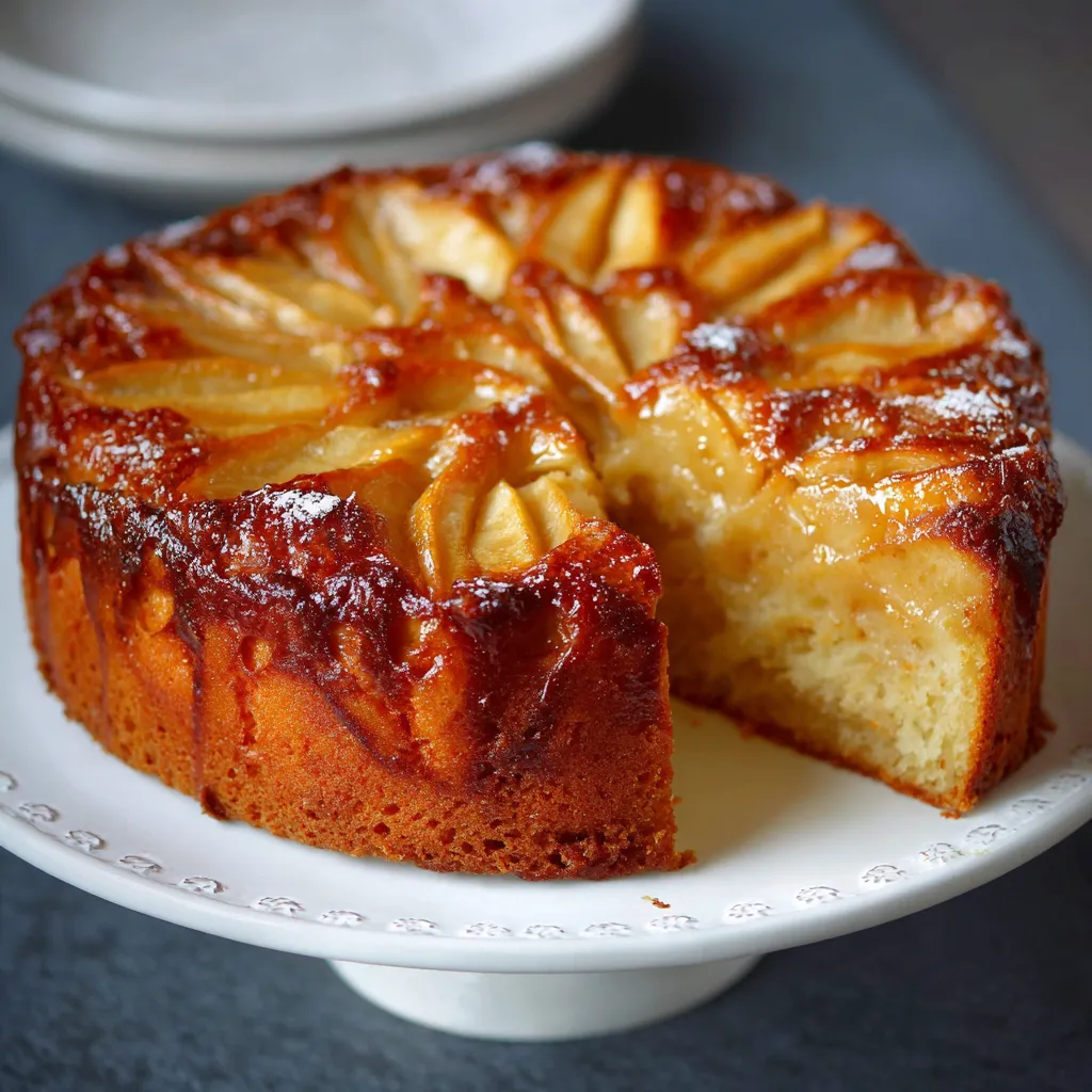 Cake aux pommes moelleux, doré et découpé en tranches sur une planche en bois