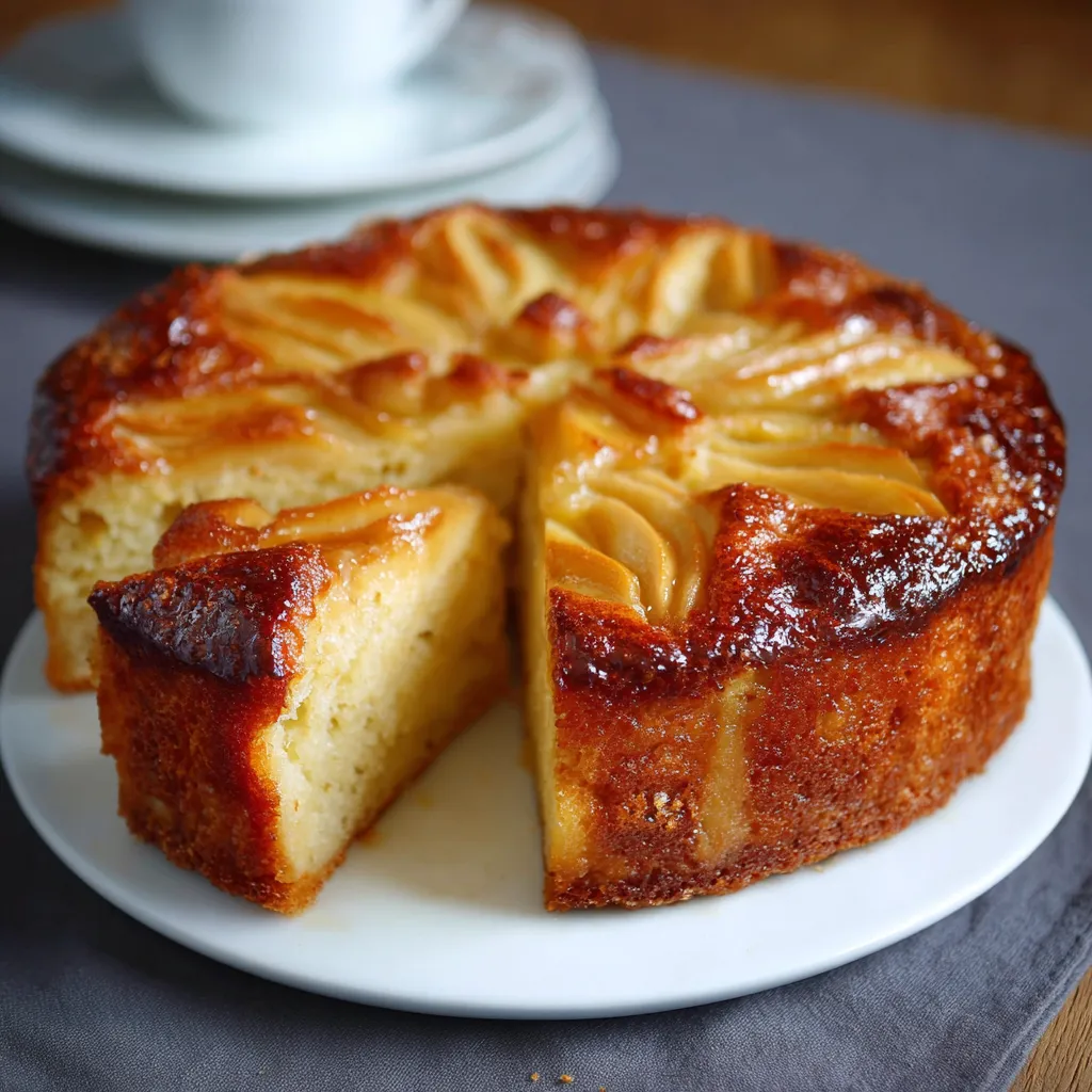 Cake aux pommes moelleux, doré et découpé en tranches sur une planche en bois