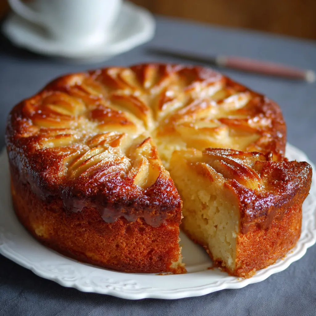 Cake aux pommes moelleux, doré et découpé en tranches sur une planche en bois