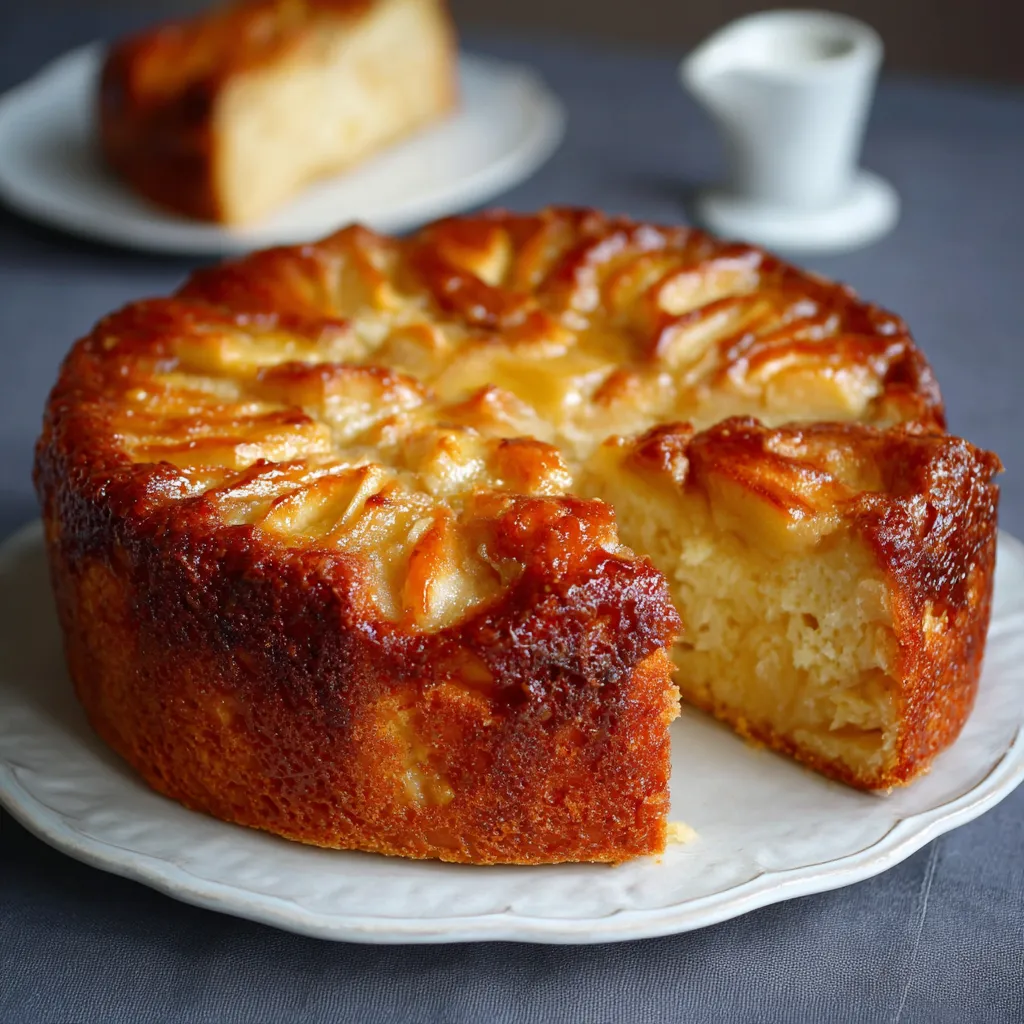 Cake aux pommes moelleux, doré et découpé en tranches sur une planche en bois